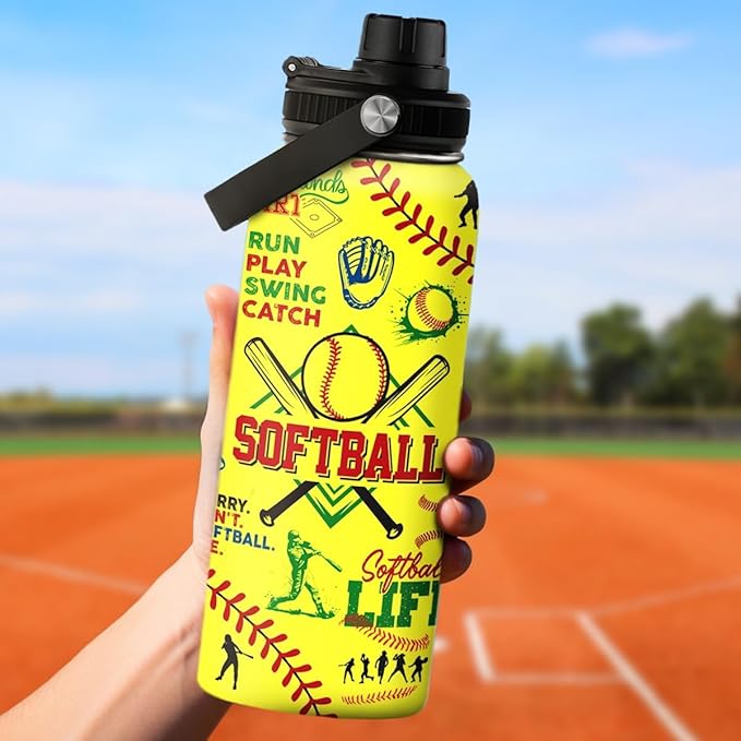 Softball Gift Water Bottle With Lid, 32oz Insulated Stainless Steel Sport Bottles - Gift for Softball Players Fan Coach
