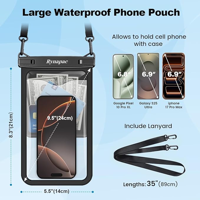[Up to 10"] Large Waterproof Phone Pouch Bag - 2 Pack Waterproof Phone Case for iPhone 17 16 15 Pro Max Galaxy S25 S24 Ultra, IPX8 Cellphone Water Protector Pouch Beach Essentials Travel Must Haves