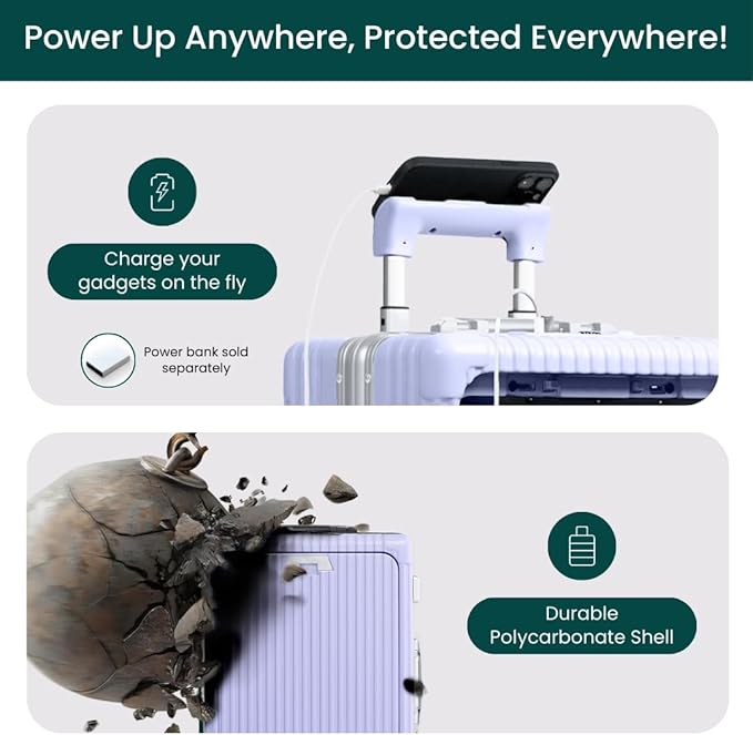 Nobl Travel Carry On Luggage, Noble Zipperless Aluminum Frame PC Hard Shell Suitcase, 22.5x15x9.5 Airline Approved, 360° Spinner Wheels, TSA Locks, USB Charging Port, Cup & Phone Holder - Lavender