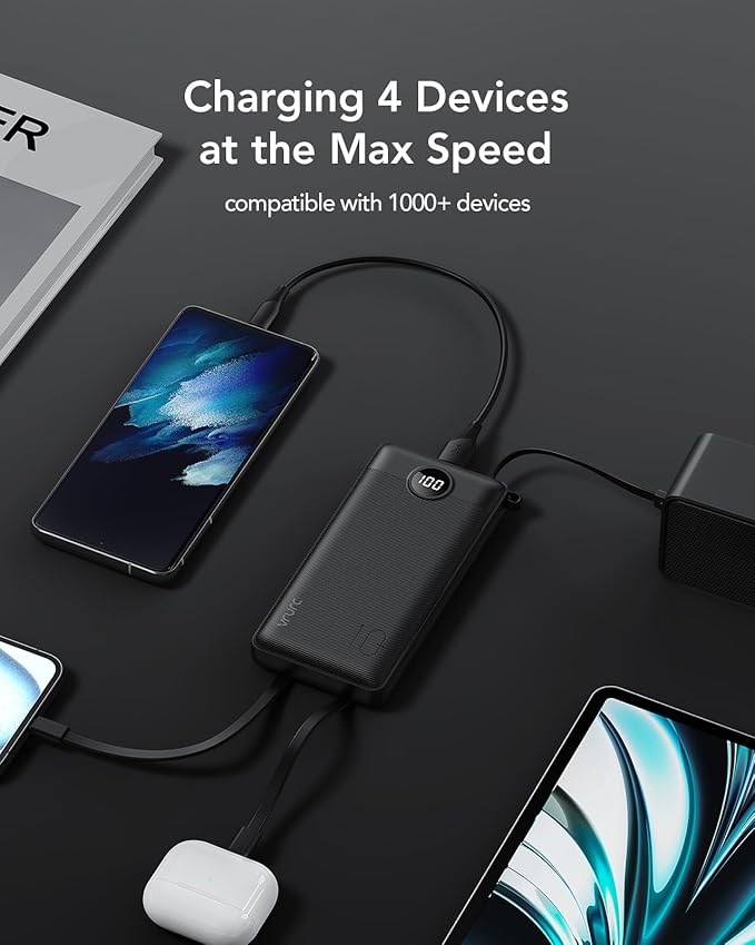 VRURC Portable Charger, 22.5W Slim Power Bank Fast Charging, 10000mAh USB C Portable Phone Charger, Compact Travel Battery Pack with Built-in Cables for iPhone 16 15 14 13, Samsung-Black(1 Pack)