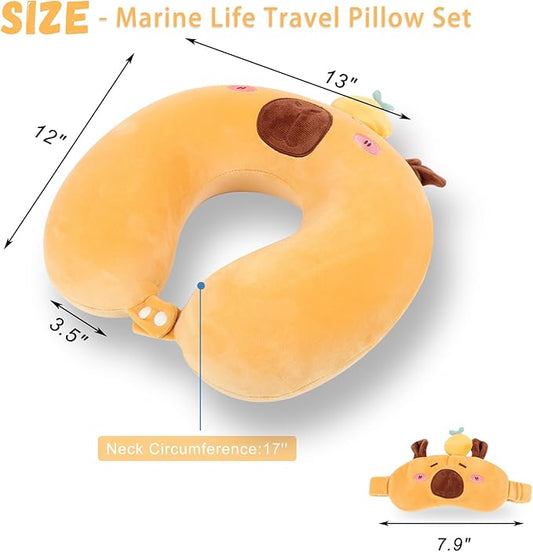 Travel Pillow, Kids Travel Pillow with Sleep Eye Mask Soft Memory Foam Kids Neck Pillow for Boys & Girls, Travel Accessories for Car Airplane Traveling - Capybara
