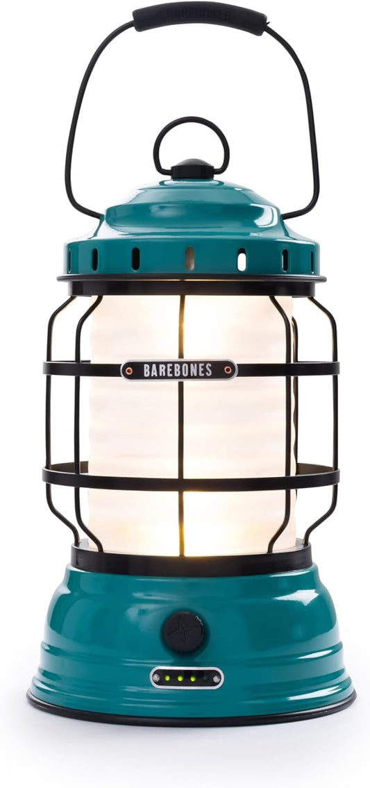 Barebones Forest Lantern – Teal, Vintage Rechargeable LED Lantern with Adjustable Brightness – Battery Operated Camping Light for Outdoor Adventures, Backyard Gatherings, and Emergency Use