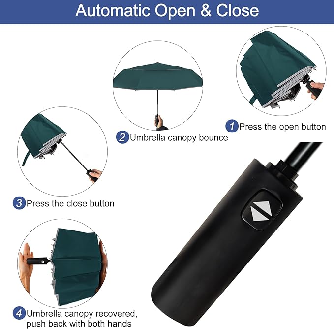 Satol Extra Large Golf Umbrella, 46/54/62 Inch Windproof 10 Ribs Vented Double Canopy Reflective Strips Automatic Open/Close Waterproof UV Protection Portable Compact Umbrella for Outdoor & Travel