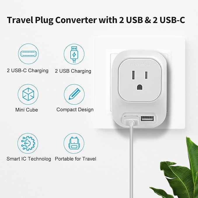 Mapambo 220V to 110V Voltage Converter US to Europe with 2 USB Port 2 USB C Fast Charging,Converter for European Travel Power Converter Adapter Combo for Germany France Italy Spain (Grey)