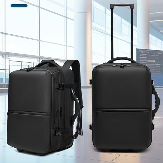 60L Vacuum Compression Backpack with Wheels Expandable Men Waterproof Carry On Luggage Travel Backpacks 17 inch Laptop Backpack Flight Approved (No Pump)