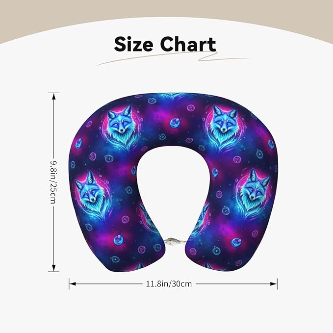 Travel Neck Pillow for Pain Relief Sleeping, Purple Blue Fox Galaxy Starry Sky, Comfortable Memory Foam Chin Head Cushion Support with Zip Cover, Fashion Car Flight Pillows