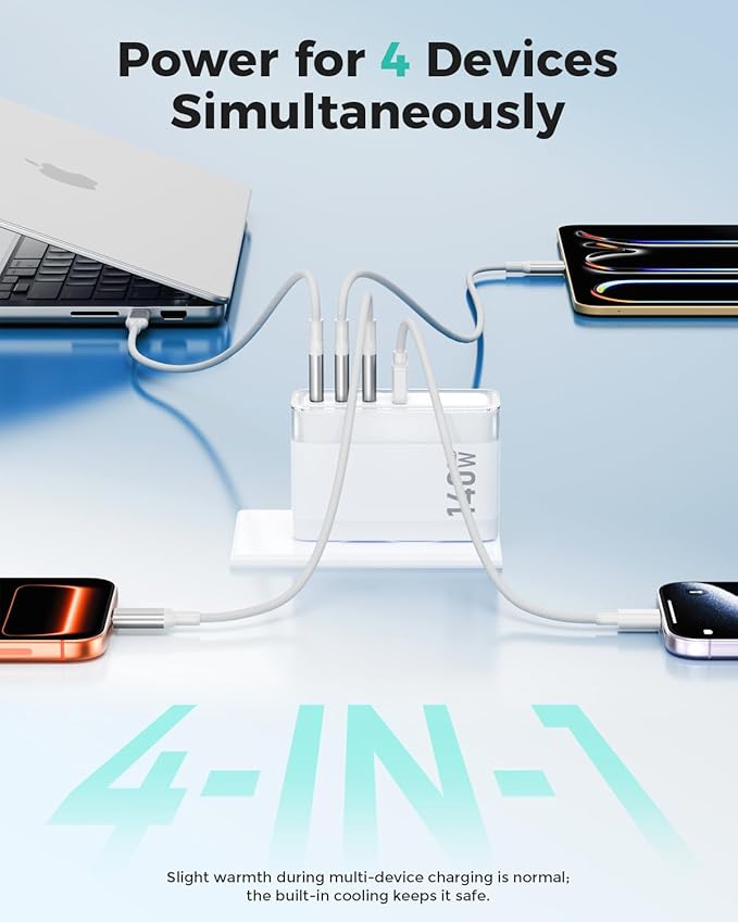 SparkleCore 140W MAX USB C Charger,4-Port Fast Charging Block PD3.1 GaN Travel Essentials Laptop Charger for Apple MacBook Air/Pro,iPhone 17/16,iPad Pro,Samsung,Pixel,DJI,6.6ft USB C Cable