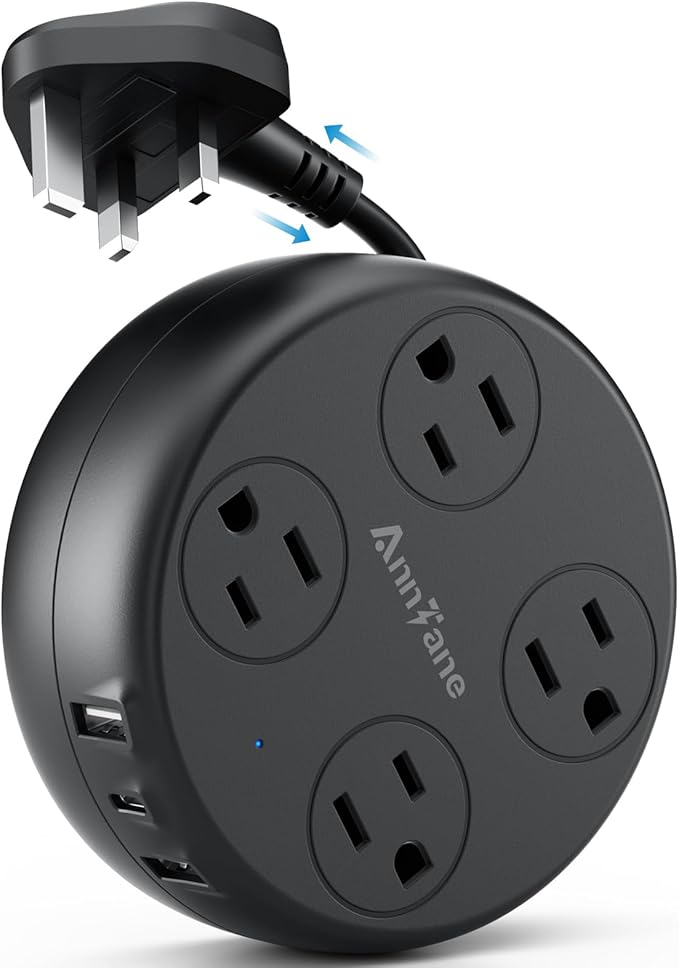 UK Travel Plug Adapter - Retractable Power Strip with 4 AC Outlets & 3 USB Ports (USB-C), Type G Adapter for US to UK, Ireland, Scotland, Hong Kong, Dubai (Black)