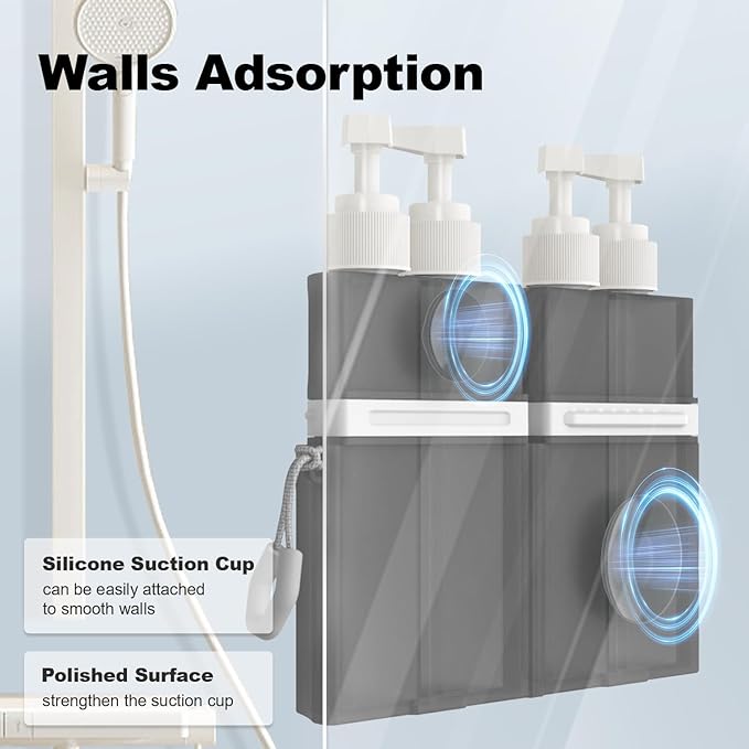 YOTIME 4in1 Travel Bottles with Suction Cup, TSA Approved Leak Proof Travel Size Containers for Toiletries, Refillable Travel Accessories for Shampoo, Body Wash and Conditioner, Gray