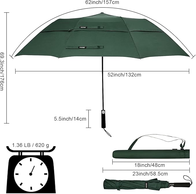 G4Free 62 Inch Portable Golf Umbrella Large Oversize Double Canopy Vented Windproof Waterproof Automatic Open Stick Umbrellas for Men and Women(Dark Green)