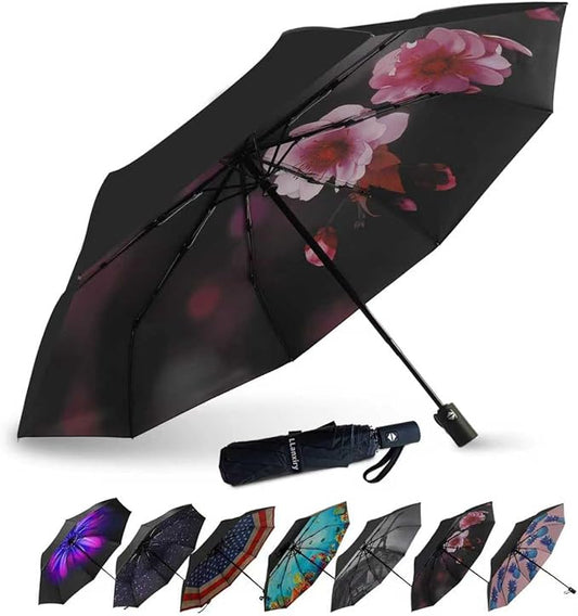 LLanxiry Compact Travel Umbrella, 44" Canopy, Automatic Open/Close Windproof Umbrella, 210T Pongee, 8-Rib Fiberglass, Travel Size Mini, Portable Rain/Sun Umbrellas UPF 50+ with Cover