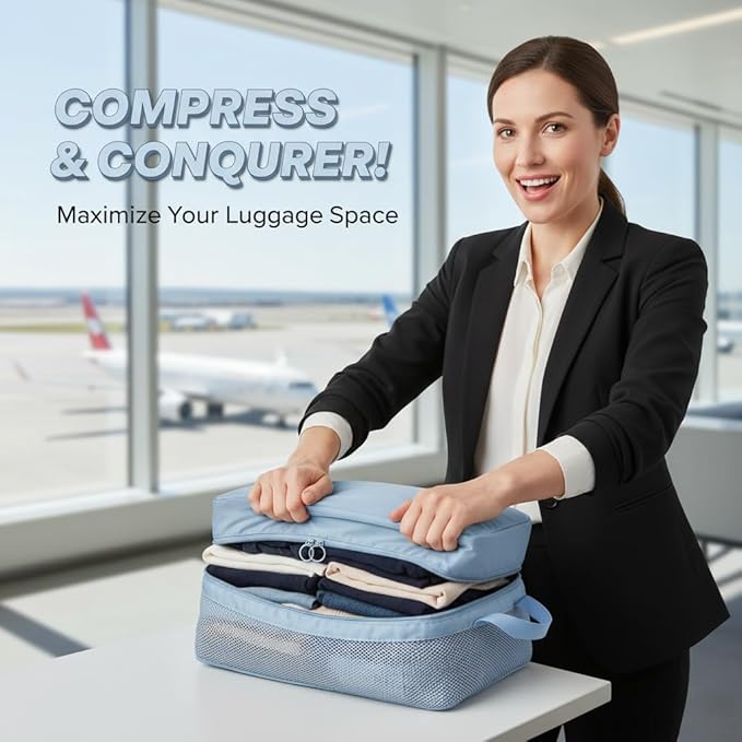 8-Piece Travel Compression Packing Cubes Set - Luggage Organizers for Suitcases - Space Saving Storage Bags for Clothes Travel Essentials (Beige)