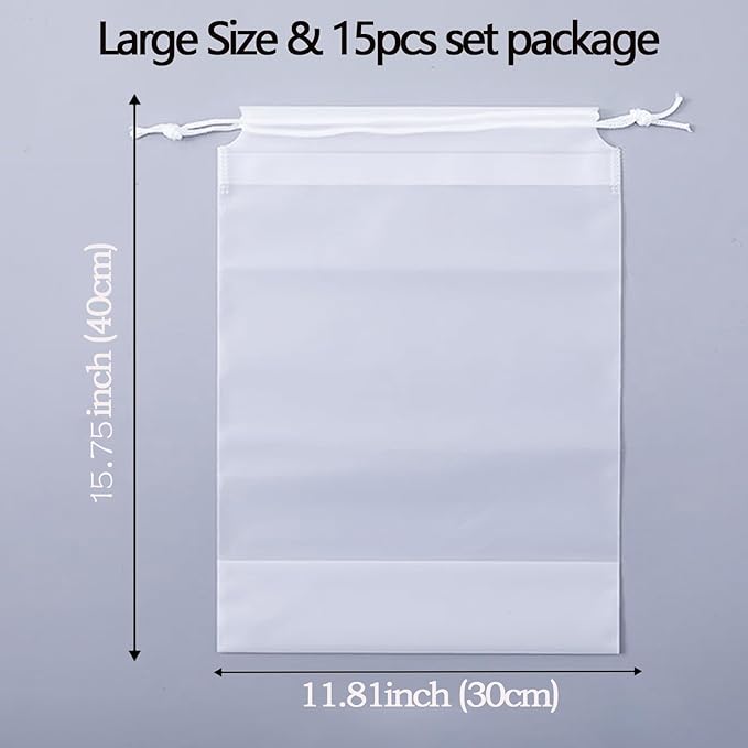Frosted Clear Plastic Travel Shoe Bag for Men Woman Travel Organizer, 15Pcs Washable Translucent Drawstring Pouch with Rope for Golf GYM Sneaker Clothes Suitcase Home Packing Storage