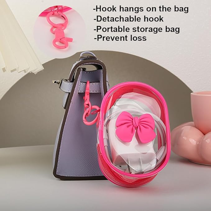 Charging Cable Storage Bag, Cute 3D Bow Tie Waves Design Transparent Compact Travel Cables Carrying Storages Case Electronic Accessories Charger Cord Wire Organizer, Rose Bow