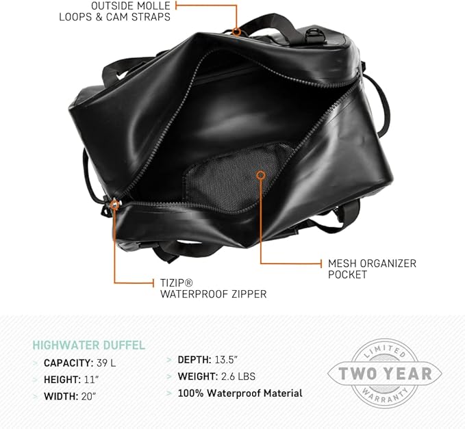 BOTE Highwater Duffel Bag Waterproof Fully Submersible Carry-on Size with 39 Liter Capacity Designed for Watersports Kayaking Fishing Hunting Boating Camping