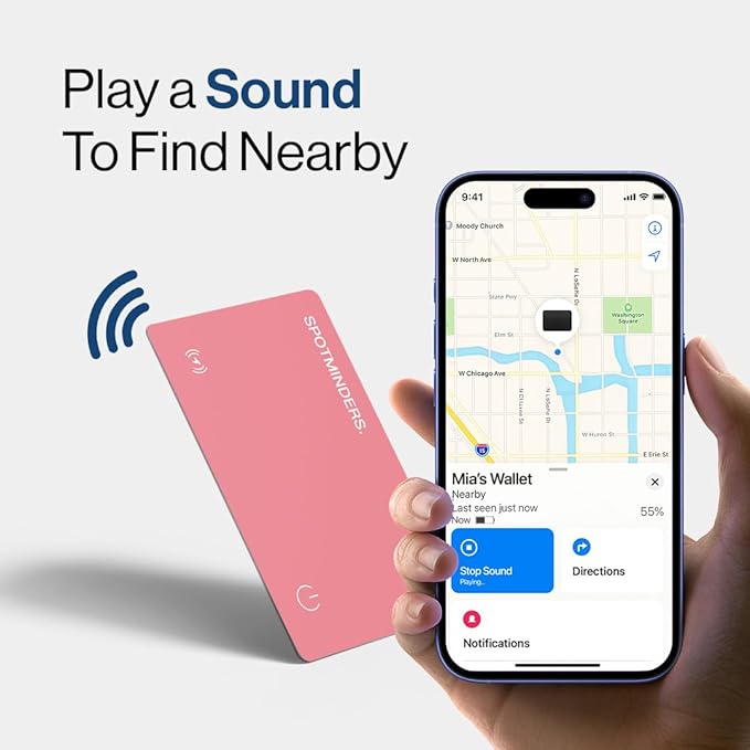 SPOTMINDERS Apple MFi Certified Wallet Tracker for Valentines Day Gifts for Women (iOS Only) Works with Apple Find My IP68 Rechargeable Tracking Card 0.07in Slim iPhone Item Finder for Luggage, Purse