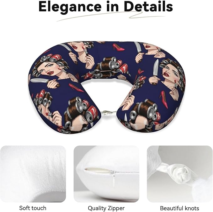 Travel Pillow for Men Women, Washable Relax U Shaped Neck Pillows for Car Head Pain Relief Sleeping Knife Mirror Goth Gotik Gothic Women Girl Make Up Art