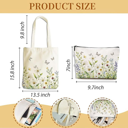 Flower Plant Lover Gifts for Women Canvas Tote Bag with Makeup Bag Cosmetic Bags Grocery Bags for Shopping Christmas