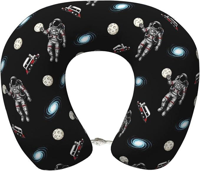 Support Neck Pillow for Youth Travel, Washable Airplane Chin Supporting and Relax U Shaped Pillows Outer Space Astronaut Slam Dunk Moon Basketball Black