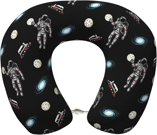 Support Neck Pillow for Youth Travel, Washable Airplane Chin Supporting and Relax U Shaped Pillows Outer Space Astronaut Slam Dunk Moon Basketball Black