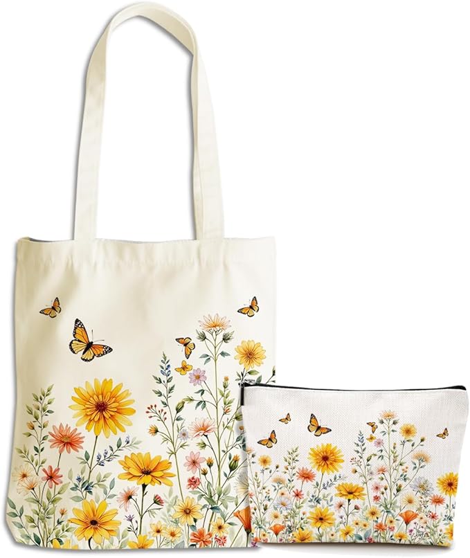 Flower Plant Lover Gifts for Women Canvas Tote Bag with Makeup Bag Cosmetic Bags Grocery Bags for Shopping Christmas
