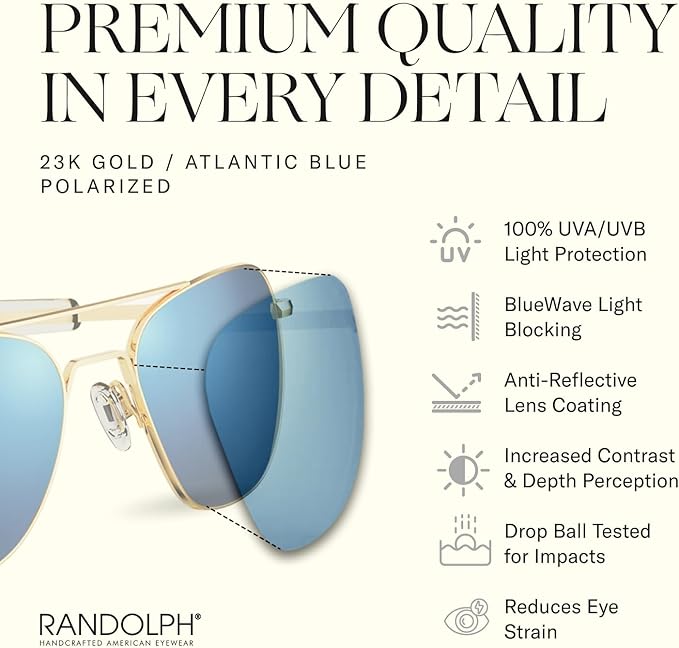 Randolph Eyewear Aviator Sunglasses for Men & Women – Non-Polarized & Polarized Lenses, 23k Gold UV Protection Sunglasses