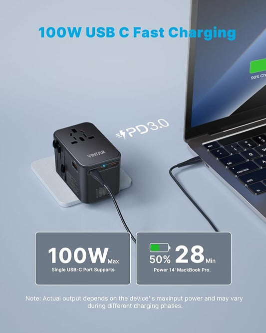 Universal Travel Adapter, VINTAR 100W GaN International Power Adapter with 3 USB-C PD Fast Charging and 2 USB-A QC, All-in-one Outlet Converter Charger for Europe UK USA AUS(Type C/G/A/I)
