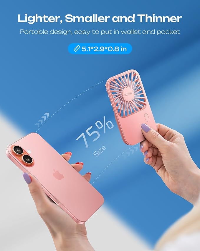 Otlonpe Rechargeable Mini Portable Handheld Fan, Small Personal Battery Powered Handheld Portable Fans for Hand Held Desktop Travel, Foldable Stand, Slim Cordless, Wrist Strap, 3-Speed (Pink)