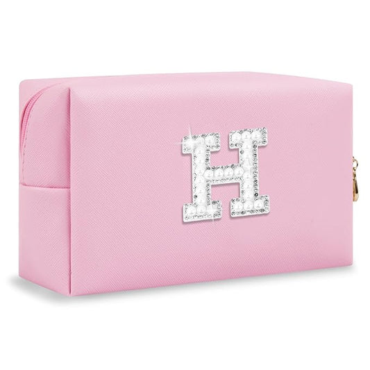 ChaoGreat Bride Gifts – Personalized Initial Makeup Bag with Pearl Rhinestone Patch, Preppy Pink Monogram Cosmetic/Toiletry Pouch, bridesmaid Gifts, Bridal Shower Gifts, Wedding Gifts, Bridal Gifts,H