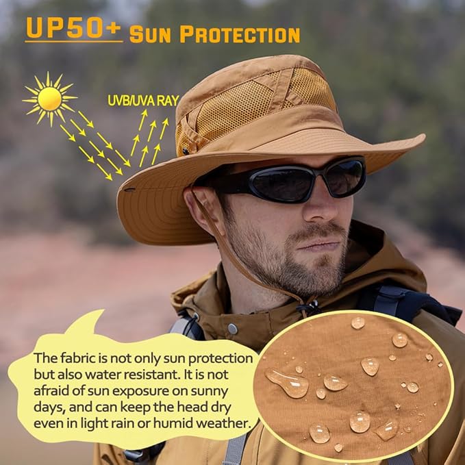 Fishing Hat UPF50+ Wide Brim Sun Hat for Men Women, Water Resistant Summer Sun Protection Safari Hat Hiking Bucket Hat