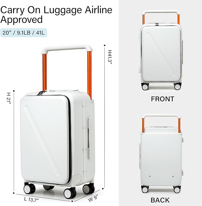 MILADA Wide Handle Carry On Luggage with Front Pocket Hardshell 20 Inch Front Opening Luggage with Spinner Wheels TSA Lock Aluminium Suitcase Airline Approved Carry-On Travel Luggage, White