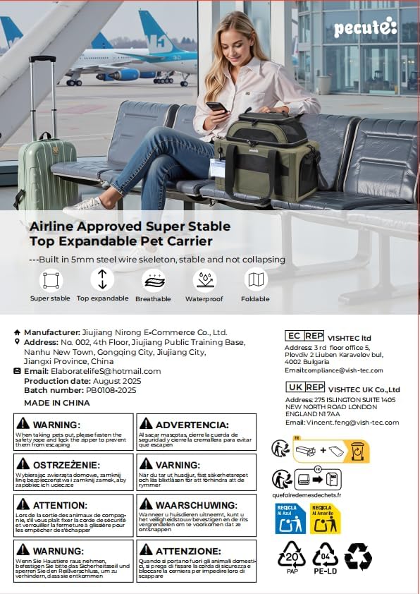 Pecute Expandable Pet Carrier Airline Approved Dog Cat Carrier, Breathable Soft-Sided with Locking Zippers, Pet Travel Bag for Small Dog Cat Leakproof Pee Pad (Dark Green)