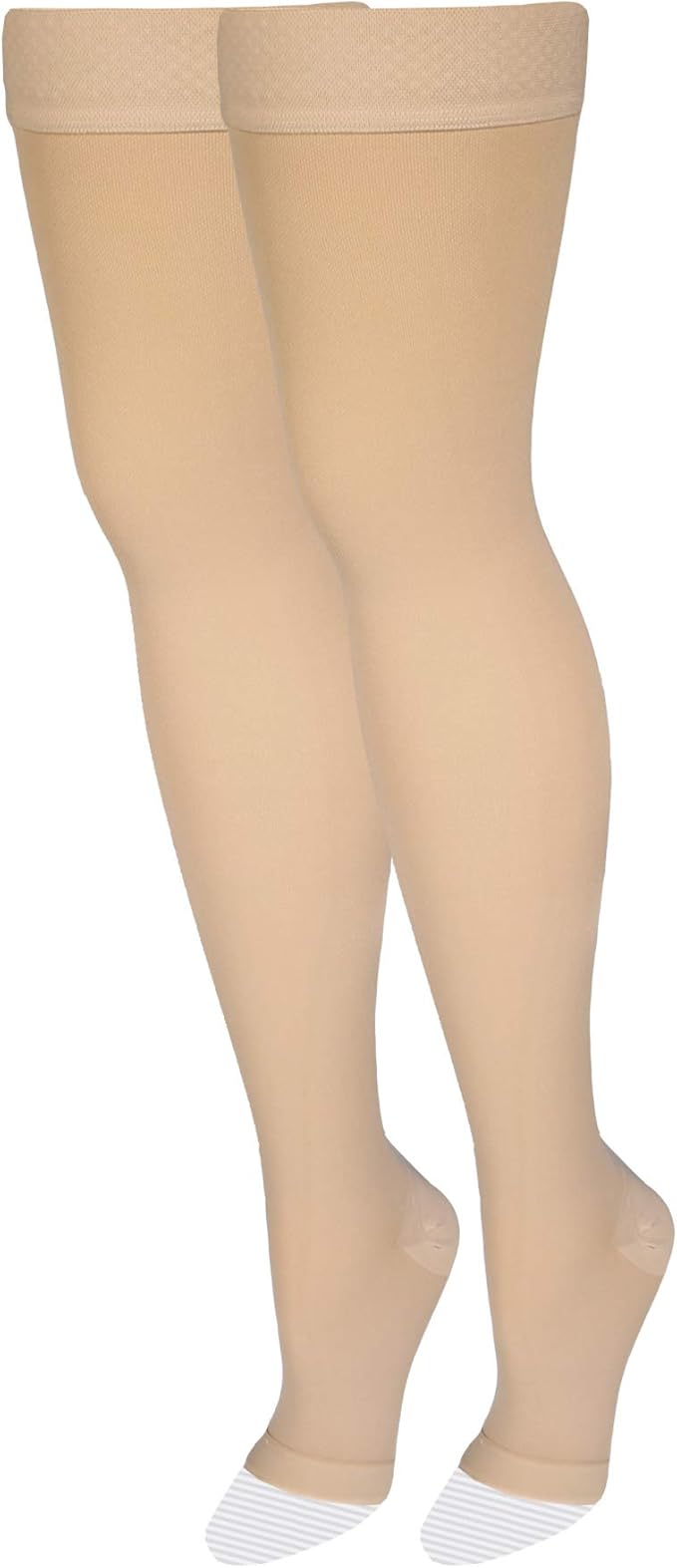 Amazon Basic Care Medical Compression Stockings, 20-30 mmHg Support, Women & Men Thigh Length Hose, Open Toe, Beige, X-Large (Previously NuVein) (Pack of 2)