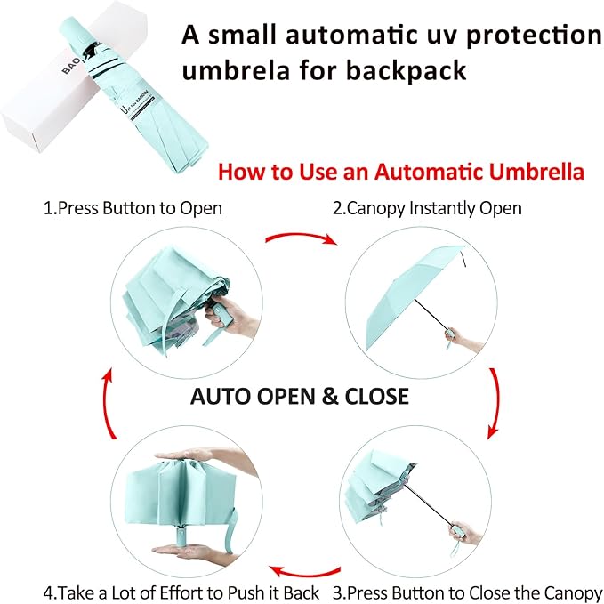 BAODINI Small UV Protection Travel Umbrella Compact for Rain and Sun UPF 50+ Windproof Portable 42 inch Umbrella for Women and Men
