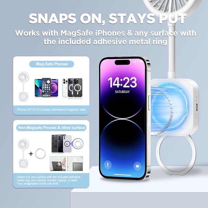 Magnetic Portable Fan Magsafe Compatible Mini Personal Fan with 3-Level Ring Light and Adjustable Hands-Free Phone Mount, Ultra-Lightweight 6000RPM Powerful table fan for iPhone, Desk, Car & Outdoor