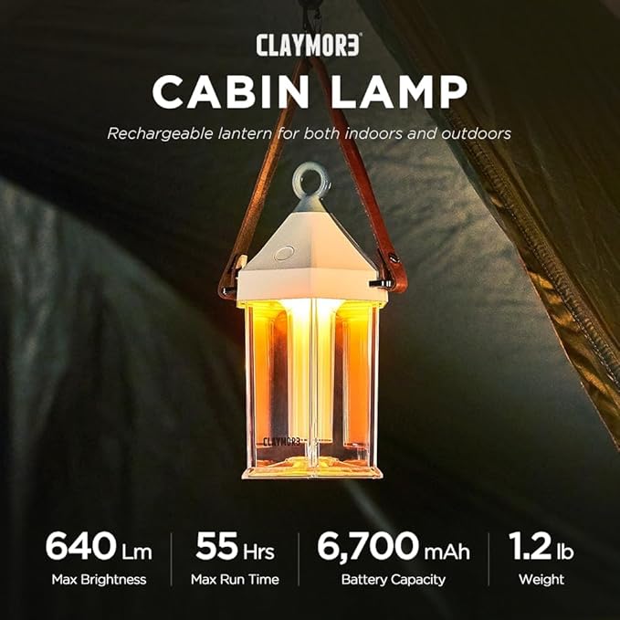 CLAYMORE Cabin Lamp (Ivory) - Aesthetic Portable Lantern for Outdoor Glamping, Camping, Events, Parties & Tents. USB-C Charging, Power Bank Function, Up to 55 Hours Battery Life, 3 Light Modes.