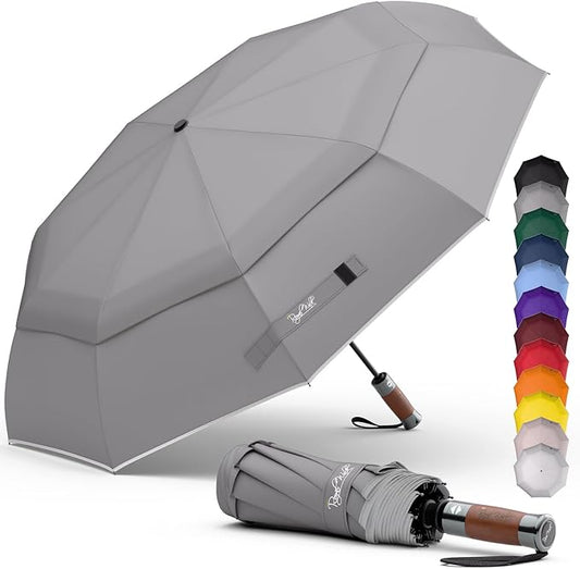 Royal Walk Windproof Folding Travel Umbrella Compact and Strong Luxurious Real Wood Handle Automatic Open Close Vented Double Canopy for Men and Women