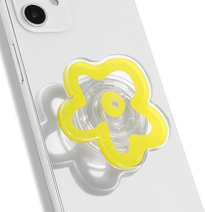 OnTheGrip Cute Transparent Daisy Flower Shape Design Mobile Phone Grip Multi Functional Collapsible Stand Holder for Smartphone Tablet Cell Phone Accessory (Yellow)
