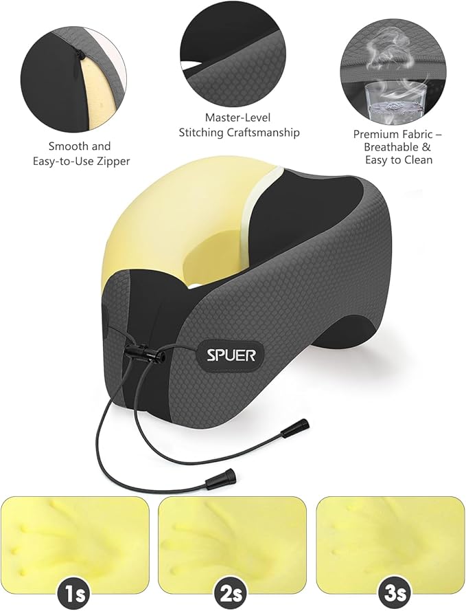 Travel Pillows for Airplanes, Neck Pillow Airplane, Airplane Travel Accessories with Eye Mask, Earplugs & Storage Bag, Ergonomic Memory Foam Neck Pillow for Sleeping, Flights, Cars (Dark Gray & Black)