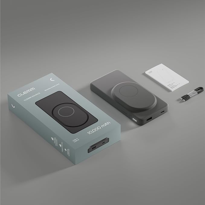 Clemm Portable 10000 mAh Wireless Power Bank, Travel Essential, Quick Charging for iPhone 16/15/14/13/12/11/X, Samsung Galaxy, iPad, Google Pixel & More - USB-C × 1 & USB-A × 1, Graphite