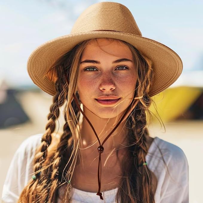 DRESHOW Women Straw Panama Hat Travel Fedora Beach Sun Hat Summer Wide Brim Straw Roll up Hat UPF 50+
