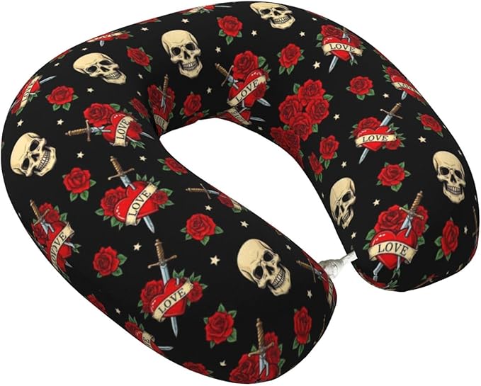 Neck Pillows for Travel Red Rose Sugar Skulls Flowers Floral, Women and Men Airplane Car Pillow, Neck Support U Shaped Pillow for Rest Pain Relief Sleeping