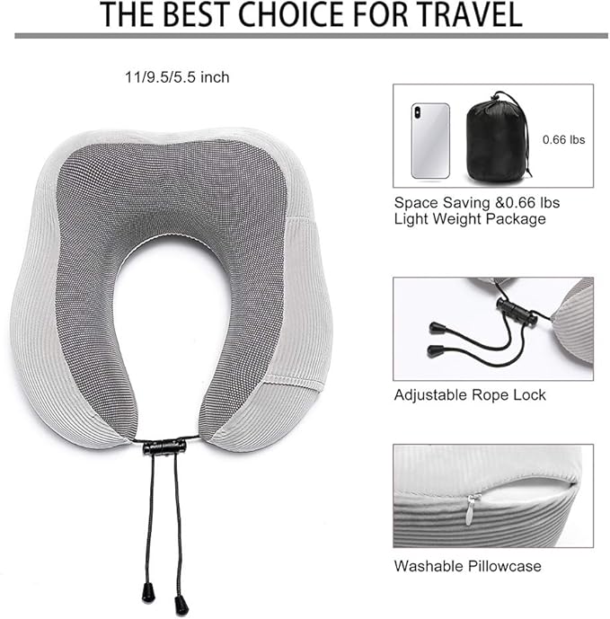 Umerci Travel Pillow, Memory Foam Neck Pillow with 360-Degree Head Support Comfortable Airplane Pillow with Storage Bag Lightweight Traveling Pillow for Sleeping, Car, Train, Bus and Home Use(Gray)