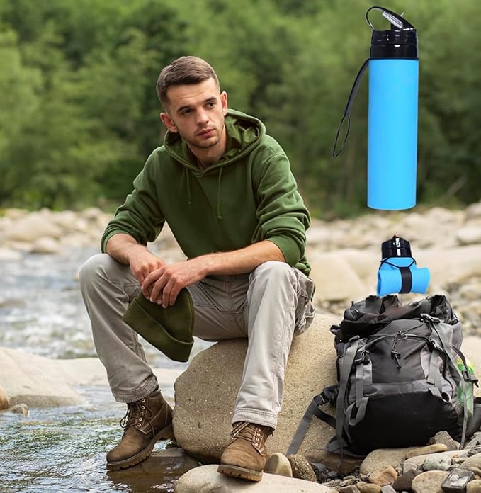 ZZT Collapsible Water Bottles 20oz, BPA Free,Sports Water Bottle,Foldable Travel Water Bottle with Straw Strap for Gym,Cycling, Hiking, Outdoors (Blue)