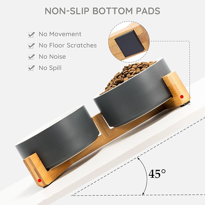 SPUNKYJUNKY Ceramic Dog and Cat Bowl Set with Wooden Stand, Modern Cute Weighted Food Water Set for Small Size Dogs (13.5OZ) & Medium Sized Dogs (28.7OZ) & Cats (3.6 Cups, 2 × White-Grey)