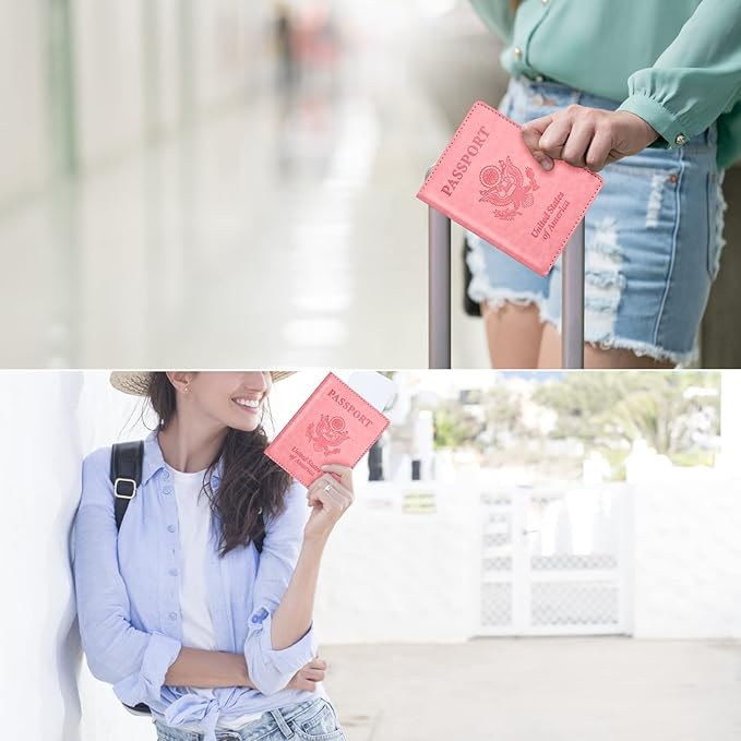 Eoehro Passport and Vaccine Card Holder, Faux Leather, AI-pink, Compact, Lightweight, Waterproof