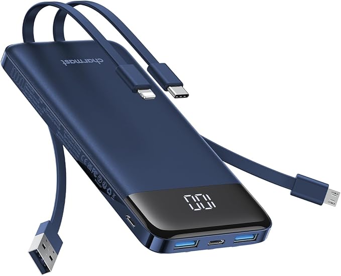 charmast Portable Charger with Built in Cables, 10000mAh Slim Power Bank, 15W USB C in&Out Port High Speed Charging External Charger, Battery Pack Compatible with iPhone 16 15 13 Samsung Google iPad