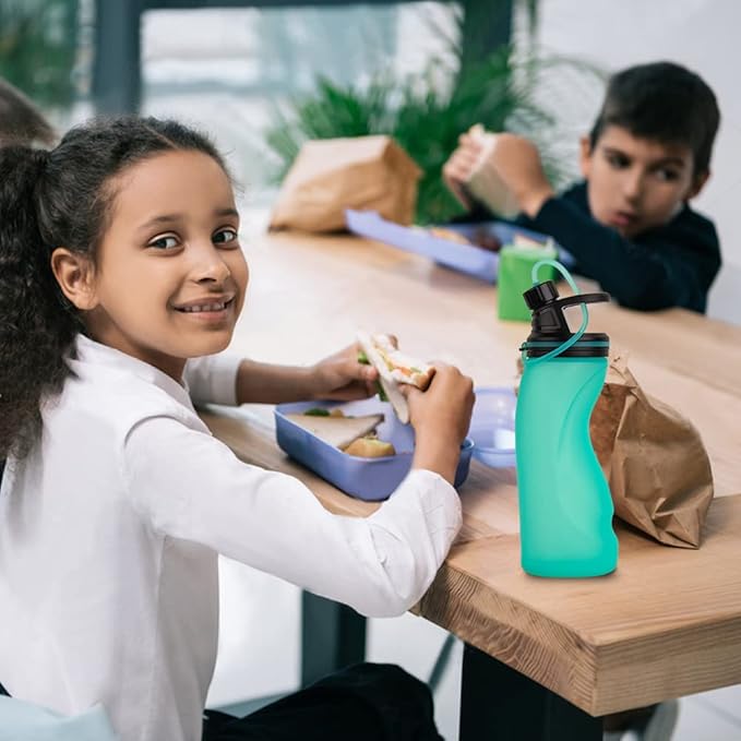 E-Senior Collapsible Water Bottle BPA Free - Foldable Water Bottle for Travel Sports Bottles with Triple Leak Proof Lightweight 17oz (Upgraded Aqua Blue)