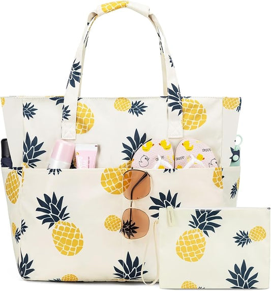 KABAQOO Extra Large Beach Bag Waterproof Sandproof Women Beach Tote with Zipper & Wet Compartment for Pool Gym Grocery Travel