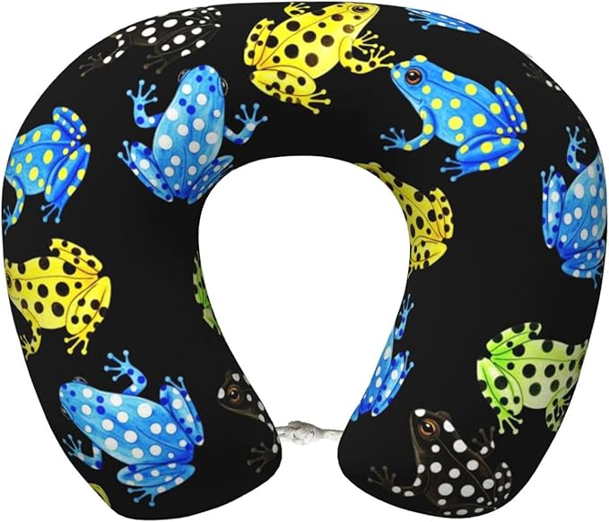 Travel Neck Pillows for Sleeping Rest Car Airplanes Tropical Frogs Black, Memory Foam with Removable Breathable Zipper Cover Washable for Men Women